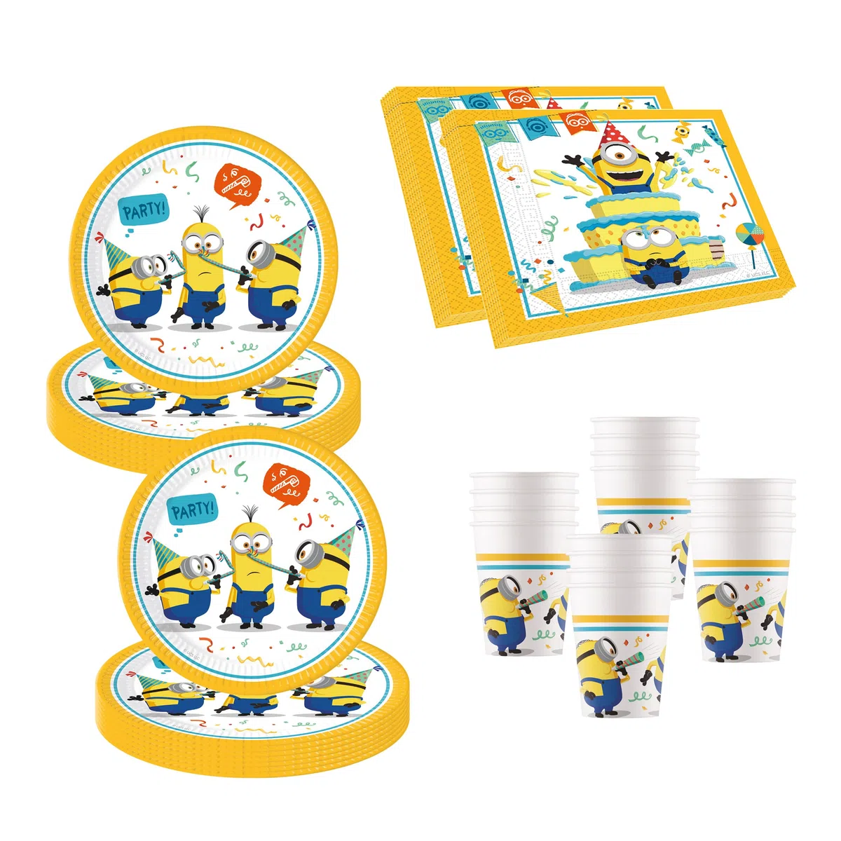 Procos 10137423 - Set per feste S Minions: Rise Of Gru, set da 52 pezzi, 16 piatti, 16 bicchieri, 20 tovaglioli, stoviglie usa e getta, stoviglie per feste, decorazione da tavolo