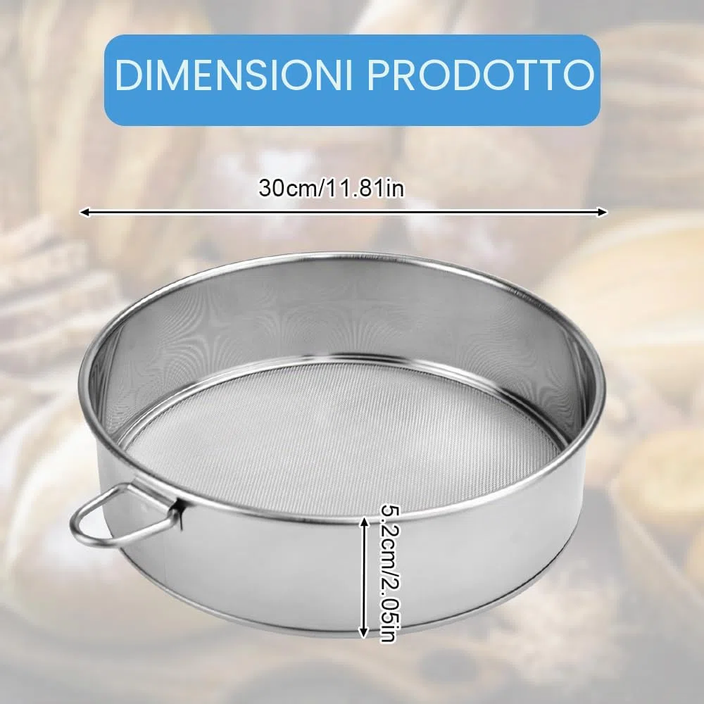 Setaccio per farina in acciaio inox da 30 cm, filtro in polvere, setaccio portatile