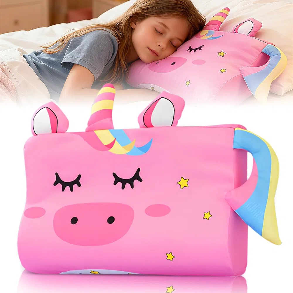 Cuscino Schlummerkids, Cuscini per Dormire, 45 * 27 * 6 cm Cuscino Originale con simpatici animali per bambini, Cuscini Ergonomico per Viaggio, Ufficio, Casa(Unicorno)