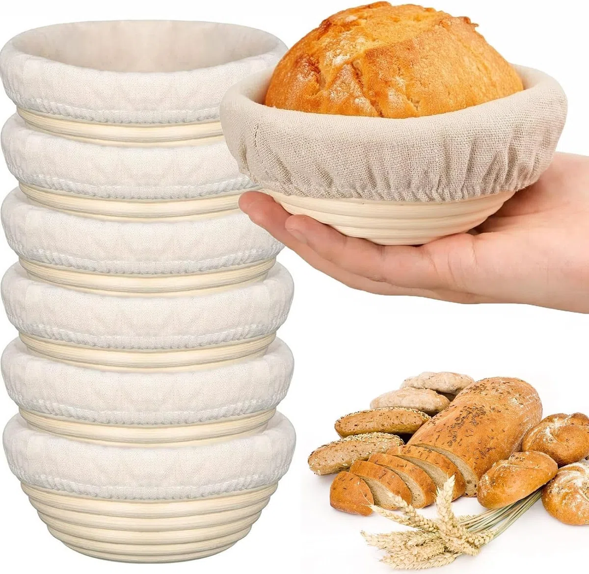 Banneton Proof Basket - Set di 6 cestini per la fermentazione in rattan naturale, 6 pollici