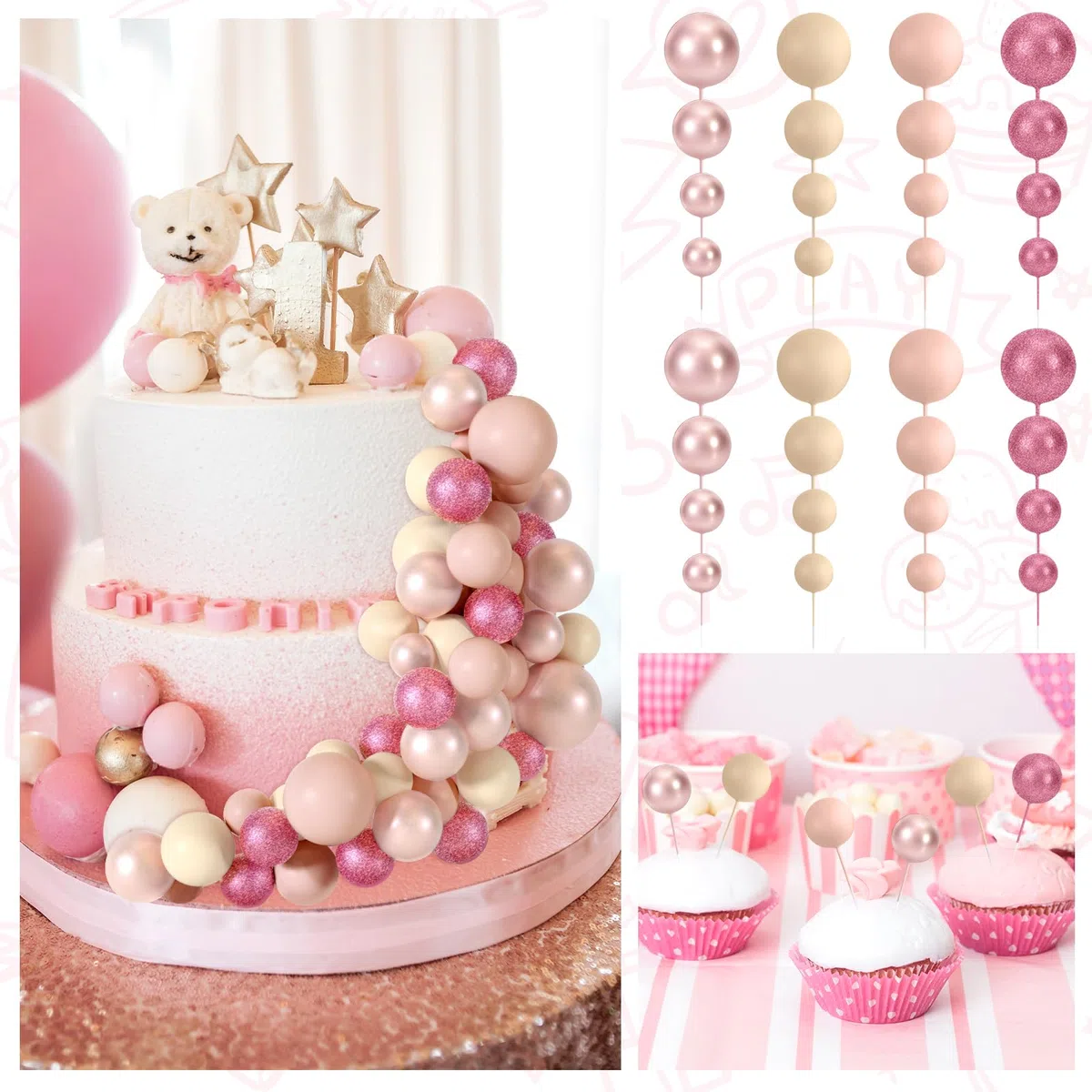 48 Pz Palline Cake Topper Decorazioni Schiuma Cupcake Topper Palline Decorazioni per Torta Compleanno per Feste di Compleanno Anniversario (Rosa Glitter, Oro Rosa, Marrone Chiaro, Albicocca)