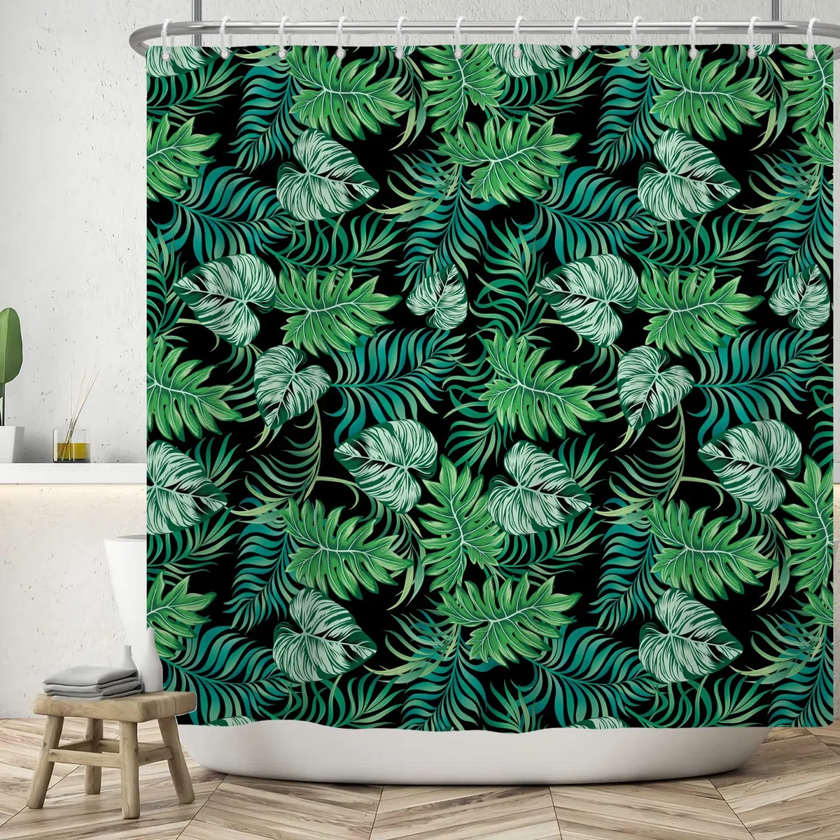 Foglie Verdi Tenda da Doccia 180x200cm Foglia di Palma Botanico Pianta Tropicale Design Moderno Decorativo Impermeabile Lavabile in Poliestere Tende da Bagno con 12 Ganci per Vasca da Bagno