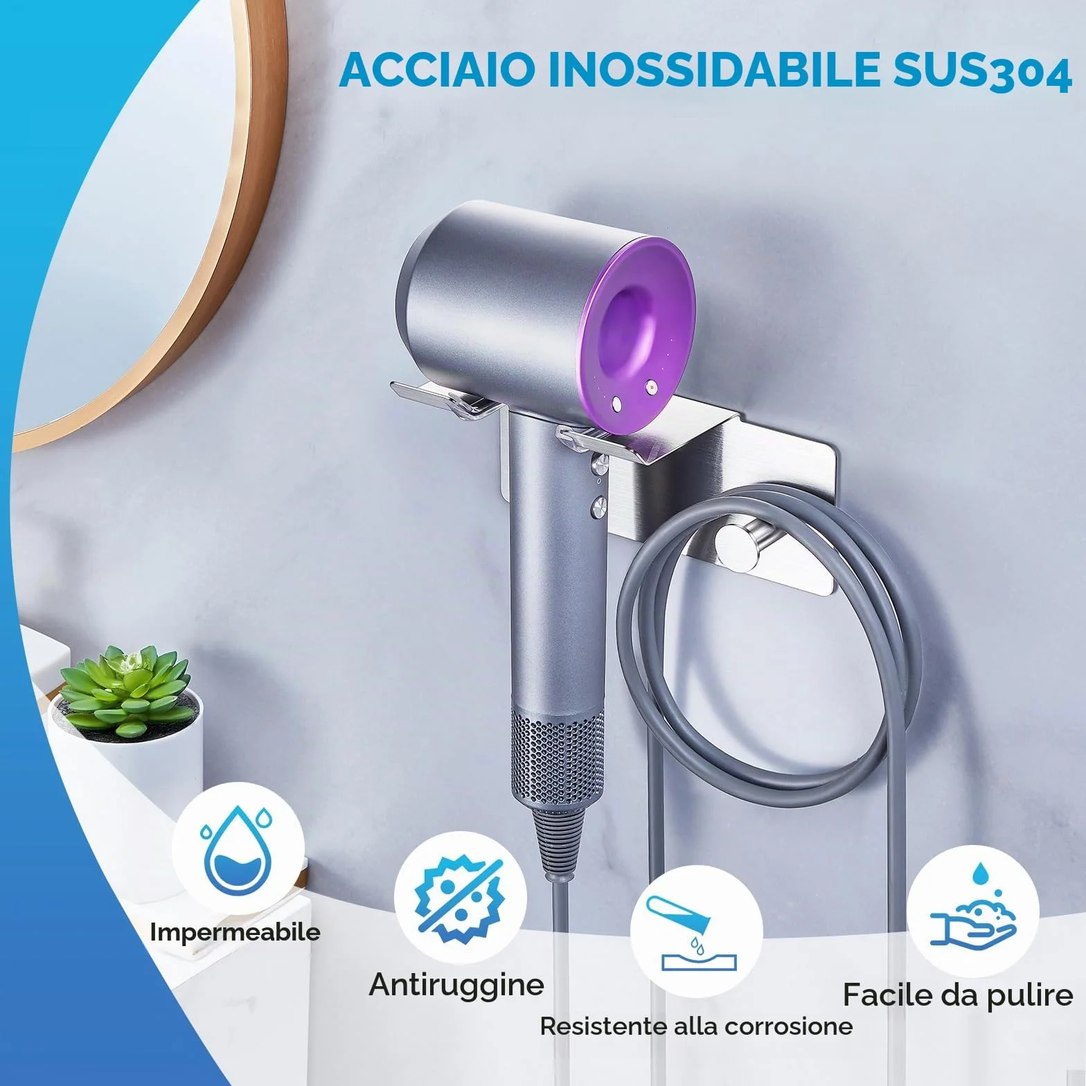 Porta Asciugacapelli da Parete, Porta Phon da Muro Supporto Phon da Parete Metallo,Supporto Adesivo per Asciugacapelli da Appendere per Armadietto Bagno Camera da Letto Barbieri (Argento)
