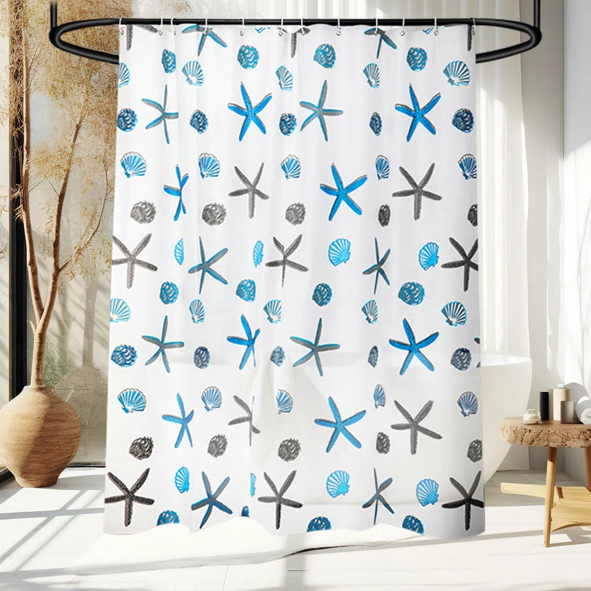 Tenda da doccia trasparente 100 x 200 cm per vasca da bagno, antimuffa, impermeabile, tenda da bagno in PEVA bianco blu con ganci