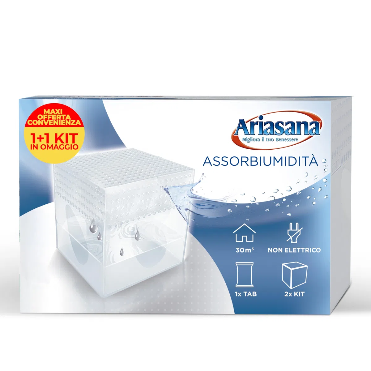 Ariasana Assorbiumidità Kit Mini 1+1 Inodore, Deumidificatore Spazi Ridotti, Ariasana Assorbiumidità per Cucina, Bagno, Ufficio, Mini Deumidificatore Formato Convenienza, 2 Kit + 1 Ricarica Sali 450g
