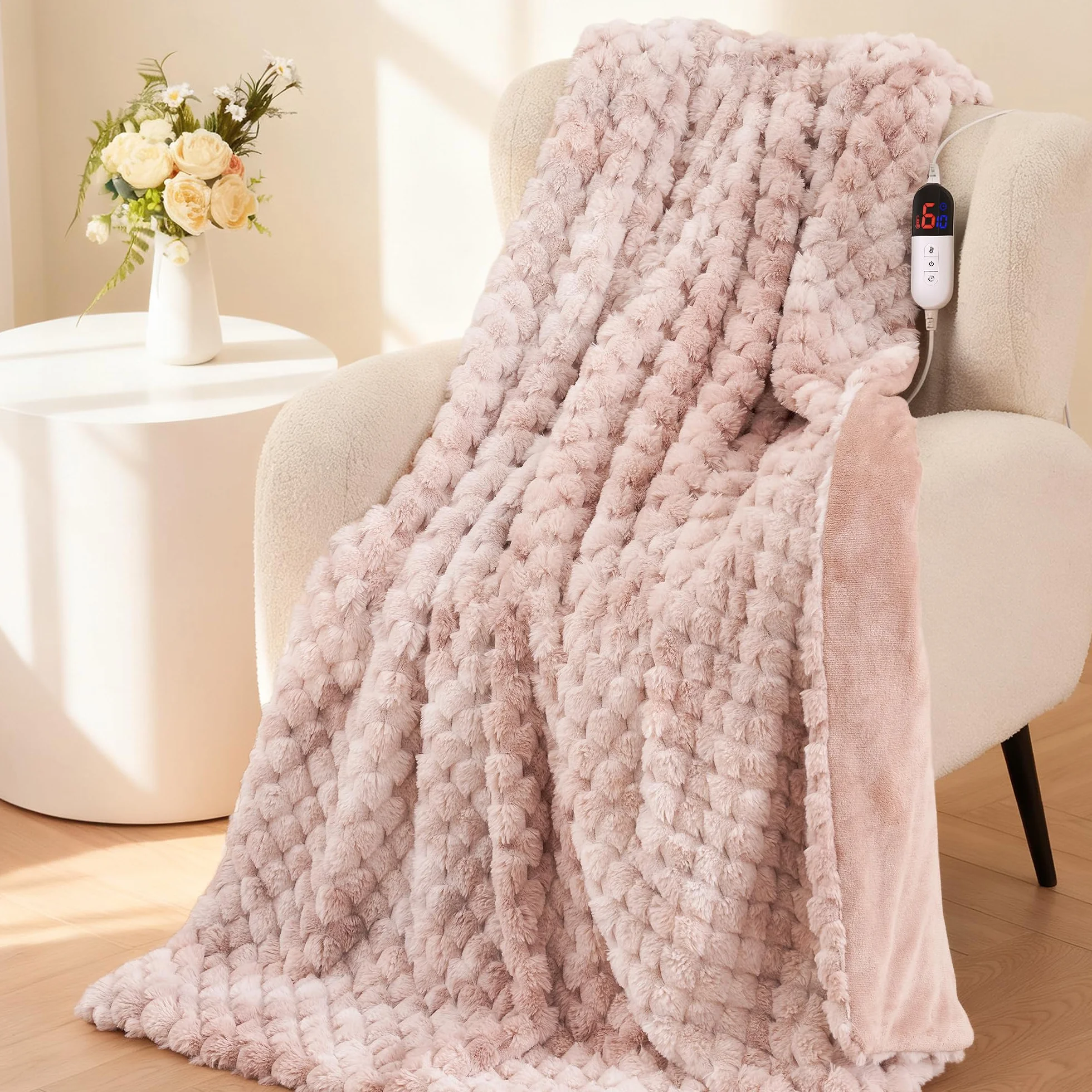 CURECURE Coperta Elettrica Riscaldante 130x180 cm, Jacquard 3D a Petalo in Peluche di Coniglio & Flanella, 6 Livelli di Calore & Spegnimento Automatico 1-10H, Lavabile per Letto/Divano/Ufficio (Rosa)