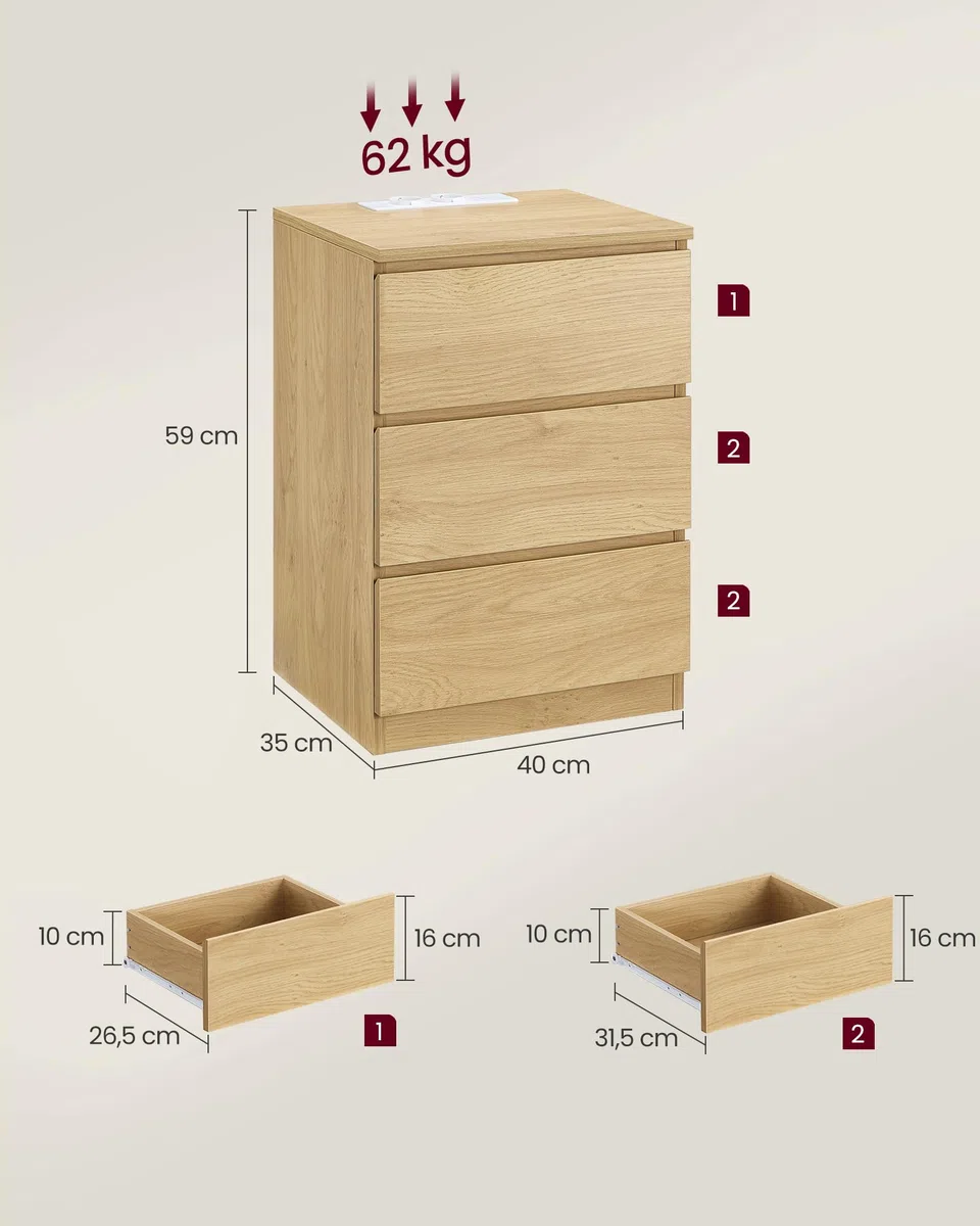 VASAGLE KAILYN Collezione - Comodino con Stazione di Ricarica, con 3 Cassetti, 2 Prese AC 2 Porte USB, per Soggiorno, Camera da Letto, Studio, Giallo Paglierino LET631Y70