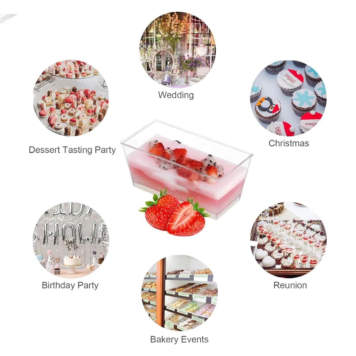 50 Pezzi Tazze da Dessert in Plastica con Cucchiai, 140 ml Contenitori Riutilizzabili Quadrati Trasparenti per Budini, Mousse, Gelati, Compleanni, Matrimoni