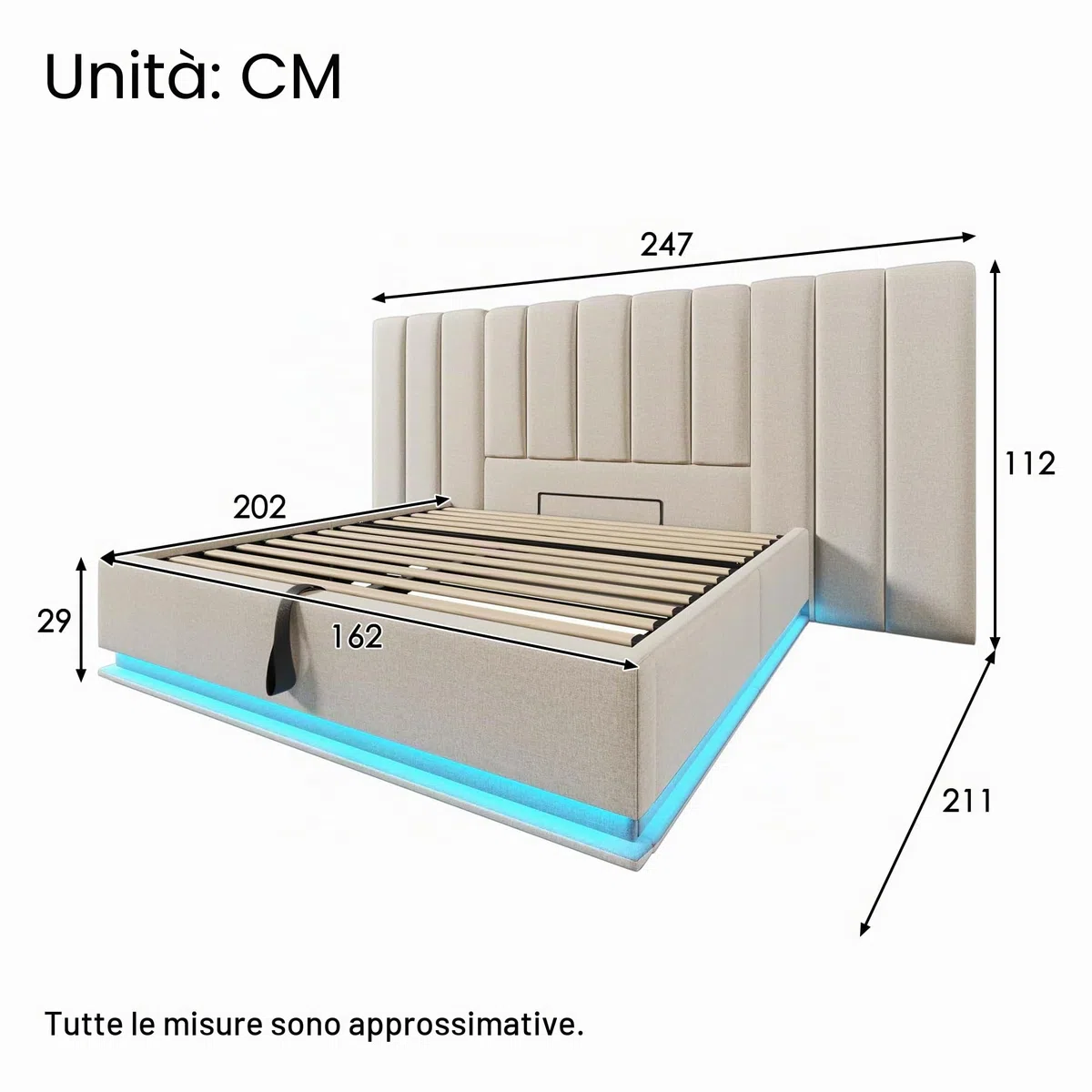 Moimhear Letto imbottito, letto matrimoniale con contenitore con controllo App LED e funzione di ricarica USB-C, lino, senza materasso e comodino (beige, 160 x 200 cm)