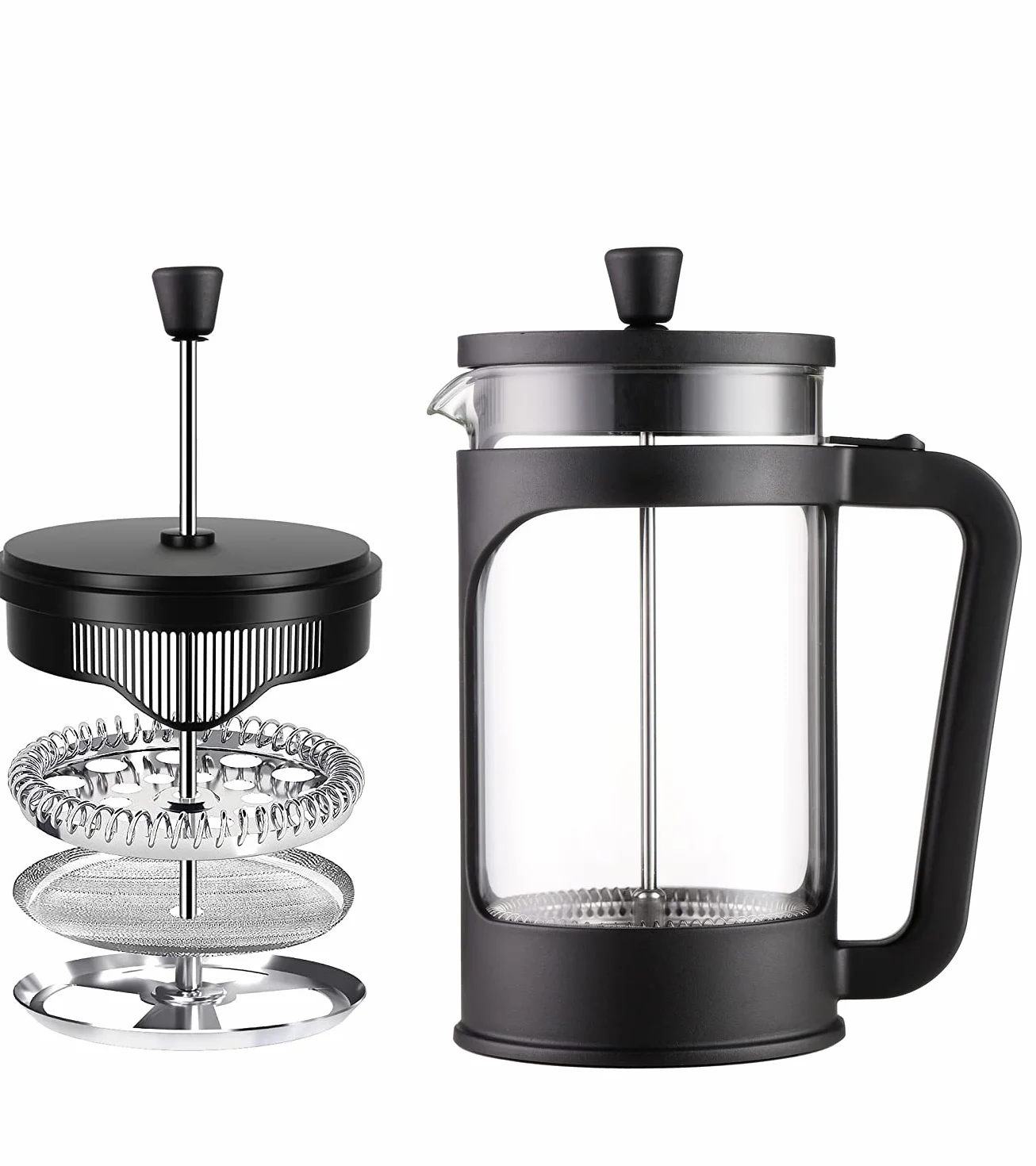 Vier - Caffettiera/teiera francese da 1 litro / 34 Oz. Vetro borosilicato resistente al calore. Filtro in acciaio inox e coperchio nero.