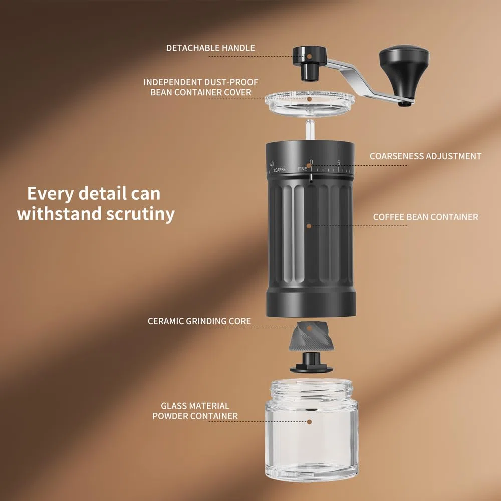 Macinacaffè Manuale Regolabile, Macinino Caffè a Mano con Impugnatura Pieghevole e Acciaio Inox, Macinacaffè Manuale con Meccanismo Conico in Ceramica Precisione per Espresso et French Press