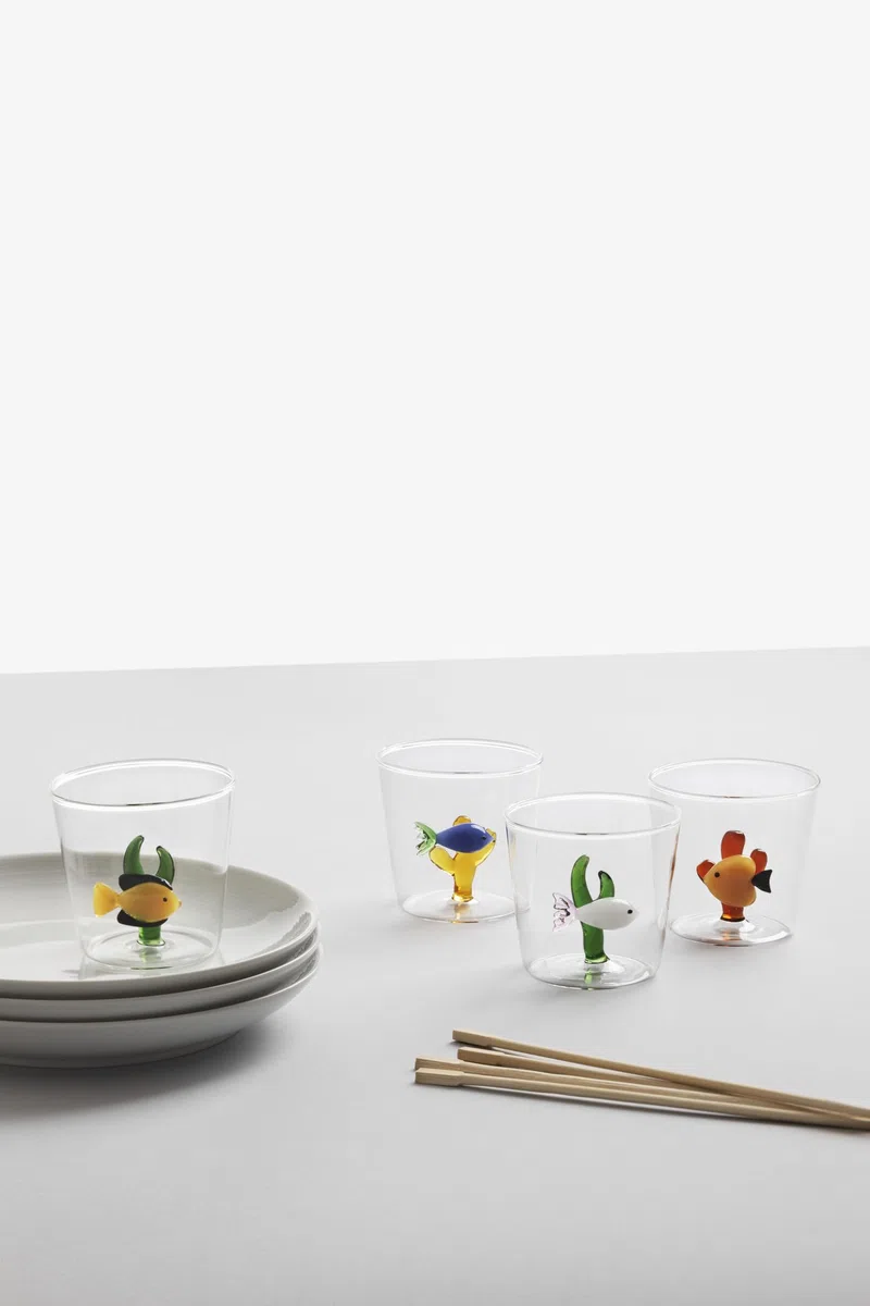 Ichendorf Milano Tumbler con Pesce Giallo e Alga Ambra | Collezione Marine Garden | 35 cl | Vetro Borosilicato | Fatto a Mano