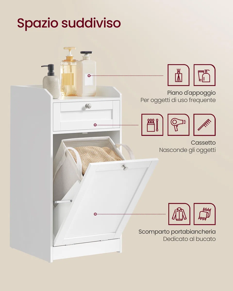 VASAGLE Mobile Portabiancheria per Bagno, Mobiletto Bagno con 1 Cassetto e 1 Cesto Portabiancheria, Sacco Interno Rimovibile con Maniglie, 40 x 40 x 80,2 cm, Bianco Nuvola BBC741W01