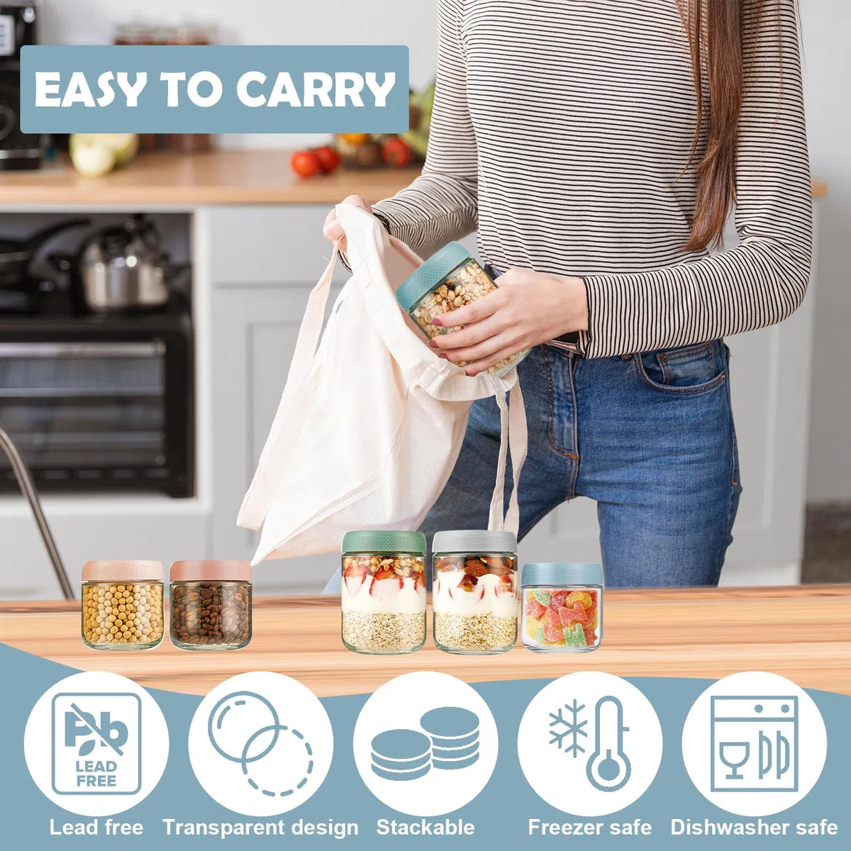 6 Pezzi Barattoli Vetro con Coperchio, 350/500 ml Riutilizzabili Overnight Oats Jar con Coperchi Vite, Barattolo Cucina per Avena Miele Frutta Spezie Marmellata Insalata Yogurt, Mason Jar