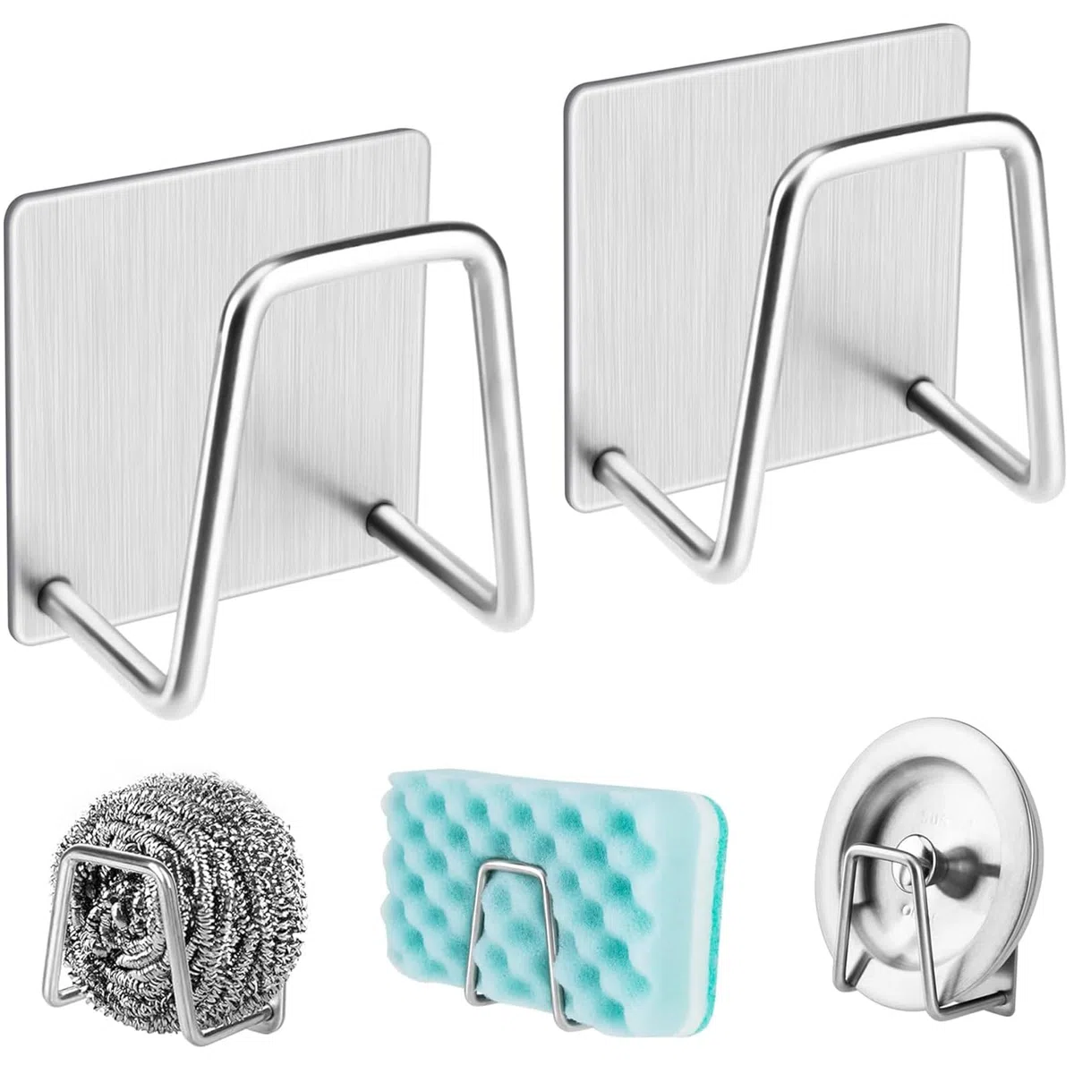 [2 Pezzi] Porta Spugna Lavello Cucina in Acciaio Inox, Portaspugna Autoadesivo 45mm, Ganci Adesivi per Organizzazione Lavello, Porta Spugne Senza Fori per Cucina e Bagno - Argento