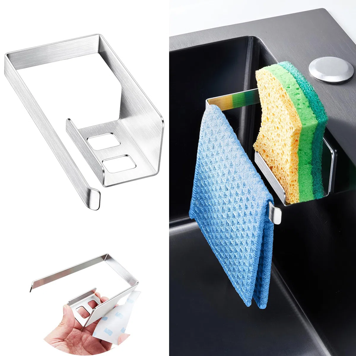 Porta Spugne Lavello Cucina, Portaspugne per Lavello Cucina Autoadesivo, 2 in 1 Porta Spugnette Lavandino Cucina da appendere, Acciaio Inox Porta Stracci Cucina, Argento