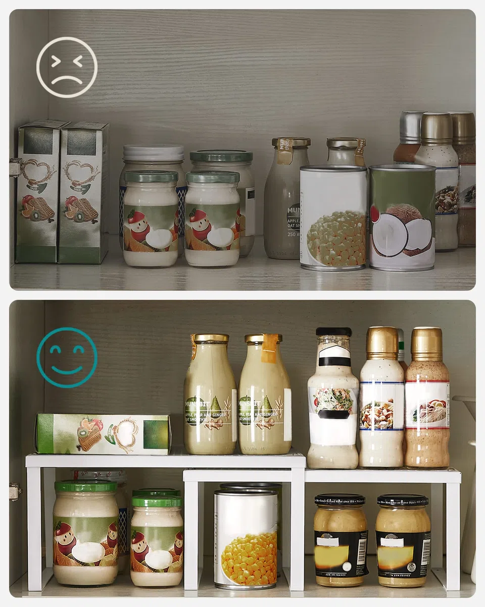 SONGMICS Scaffale Portaspezie, Set di 2 Organizzatori da Cucina Espandibili, Scaffale da Cucina Impilabile, Metallo, Bianco KCS01WT