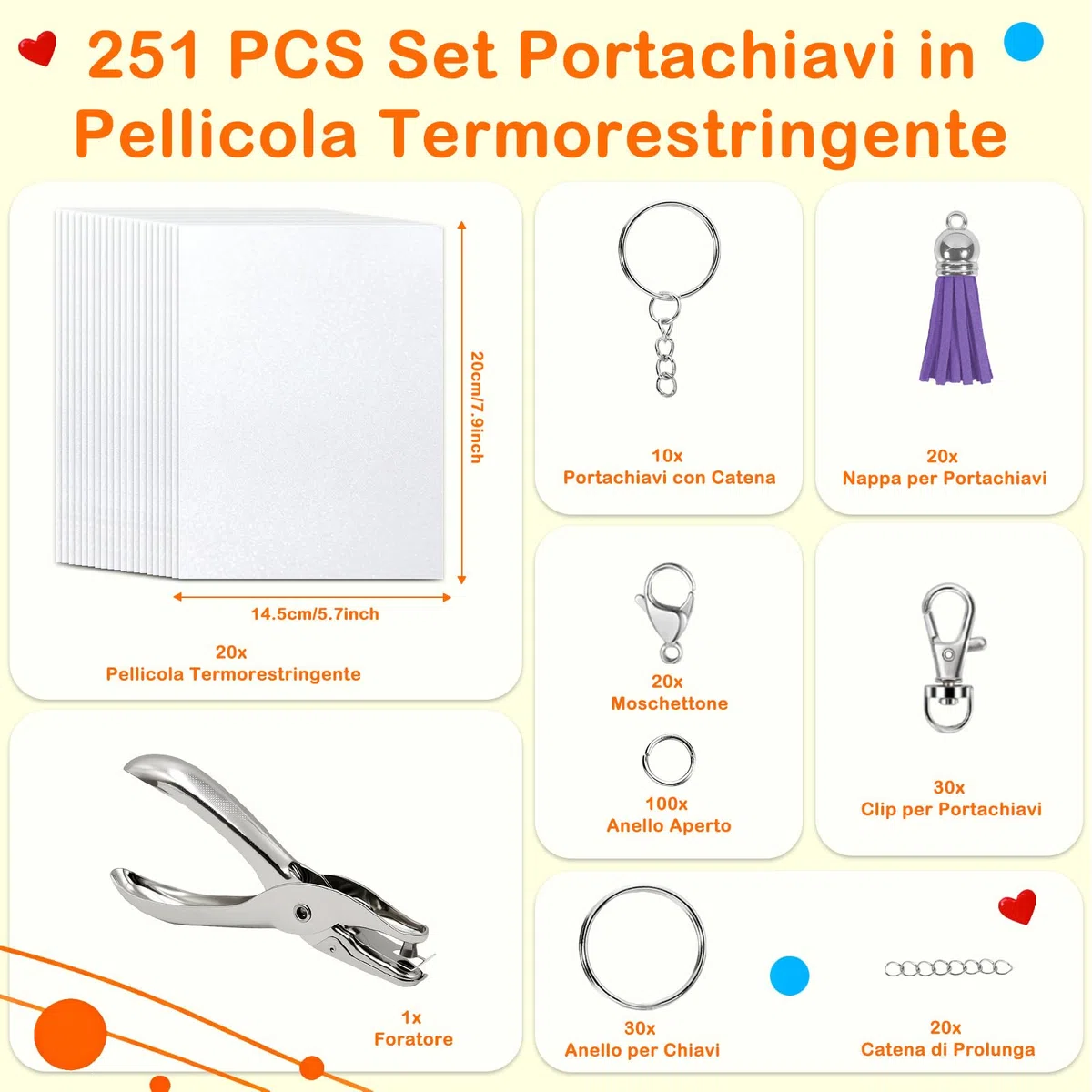 Set di 251 Pezzi Kit Plastica Termorestringente con Fogli Termoretraibili A5, DIY Kit per Artigianato, Portachiavi Fai Da Te e Pendenti di Plastica Termoretraibile