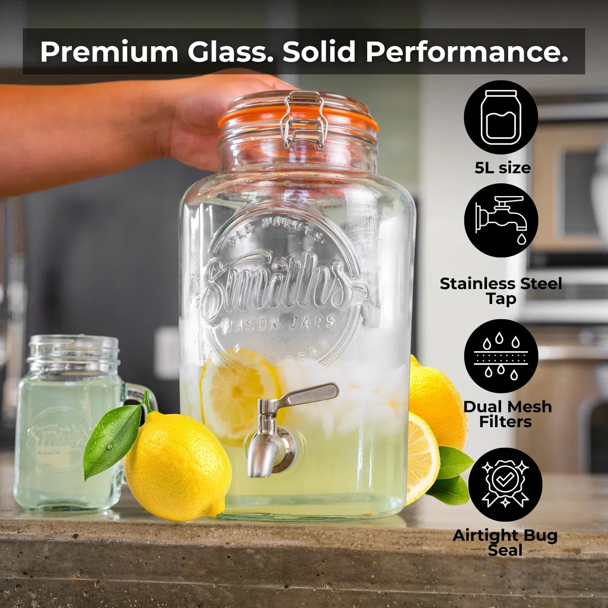 Smith's Mason Jars 5-Litre (169oz) Water Dispenser con rubinetto in acciaio inox, filtri a rete rimovibili e supporto in metallo - Ideale per limonate, bevande fai da te e frutta fresca