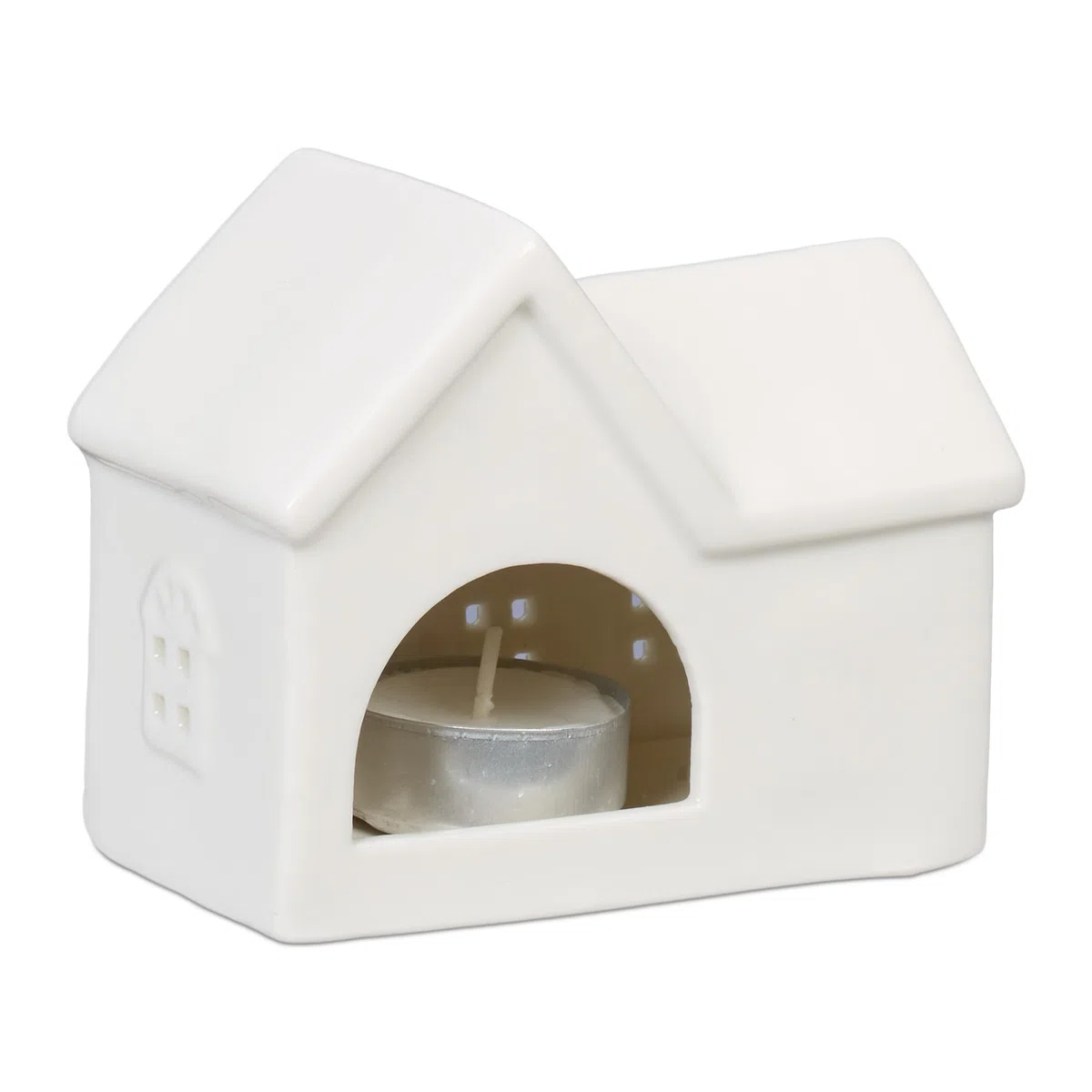 Relaxdays Casetta Portacandele in Ceramica, Casa Luminosa Porta-Tealight, per 1 Candelina, HLP: 9 x 11 x 6 cm, Bianco