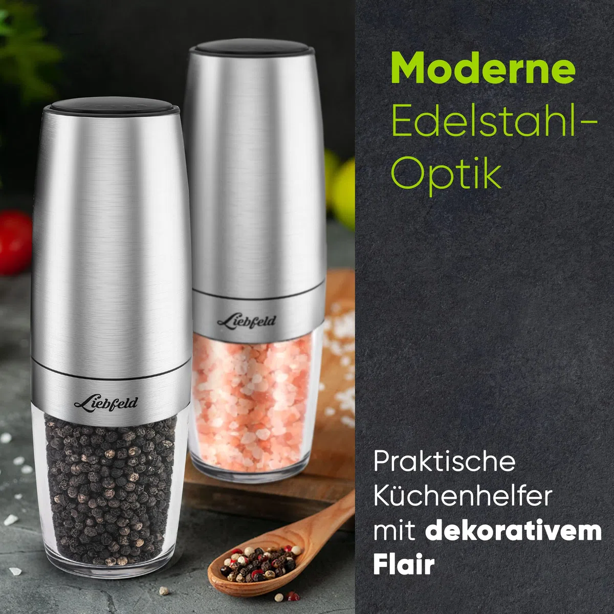 Liebfeld - Macinasale e pepe elettrico [set da 2 pezzi] con sensore di inclinazione, macinapepe e macinasale, macinaspezie e pepper Mill