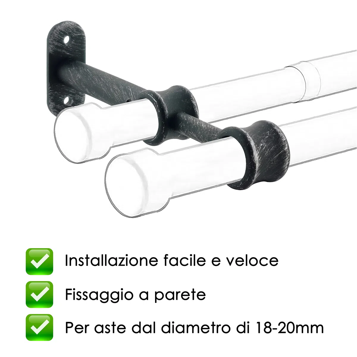 GIRASOLE HOME Staffa Regolabile Doppia 175mm per 2 Aste 2 Pezzi in Lega di Zinco Resistente per Bastoni dal Diametro di 18-20 mm (Nero e Argento)