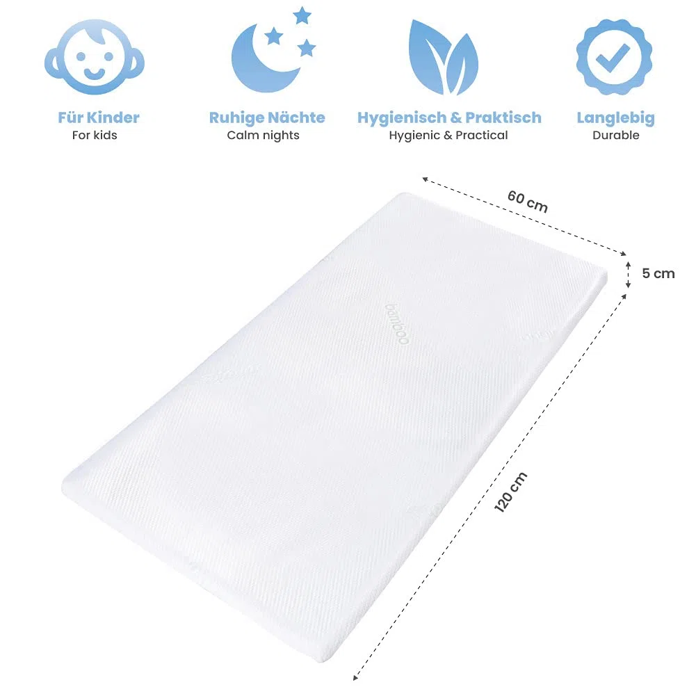 Dailydream Topper lettino per bambini 120x60 cm memory foam, altezza 5 cm, «Edition Kids Standard, Model M », Topper per materasso, divano letto o letto da campeggio, Coprimaterasso confortevole