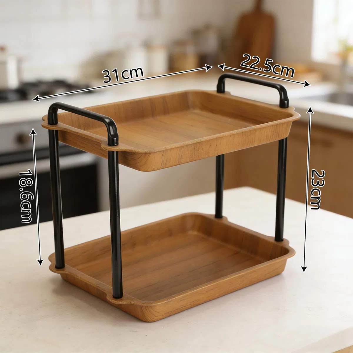VINATO Scaffale 2 Ripiani, Organizzatore per Cucina in Acciaio al Carbonio con Aspetto Legno, Aste di Supporto Rinforzate, per Piano di Lavoro, Cucina, Bagno, Ufficio