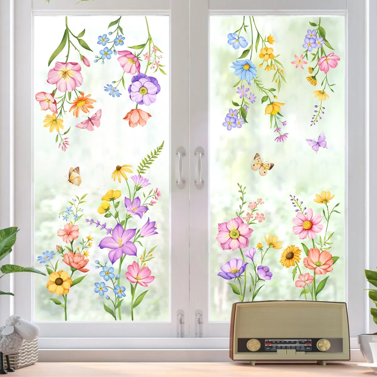 Tanlaby Fiori Colorati Adesivi per Finestre Estate Primavera Piante Vetrofanie Adesivi Fiore Erba Farfalla Decalcomanie per Finestre Anti-Collisione Finestra Vetro Porte Decalcomanie