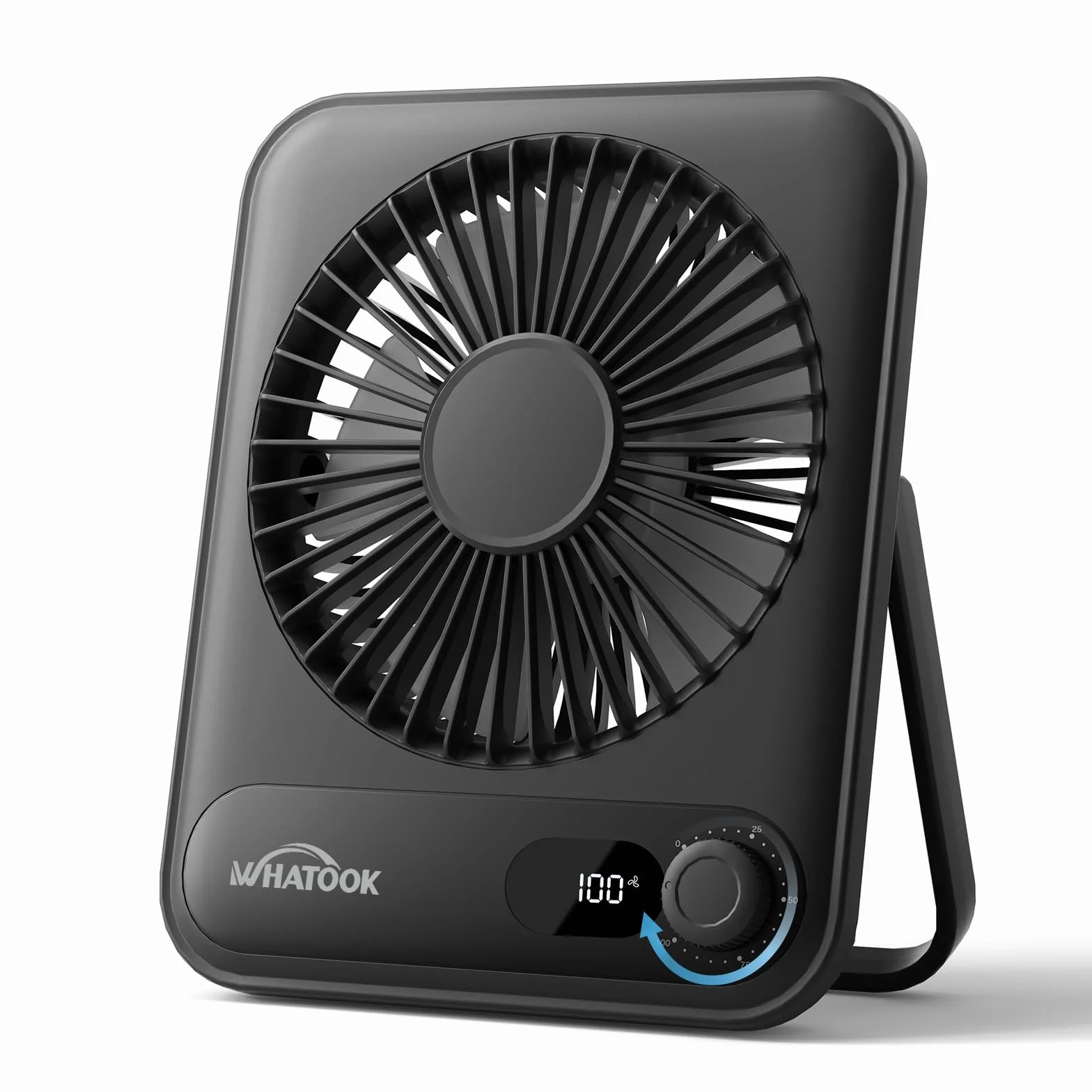 WHATOOK Mini ventilatore da tavolo silenzioso:100 velocità e batteria da 2000 mAh, piccolo ricaricabile ventilatore USB con display a LED, ventilatore portatile pieghevole per ufficio, casa(Nero)