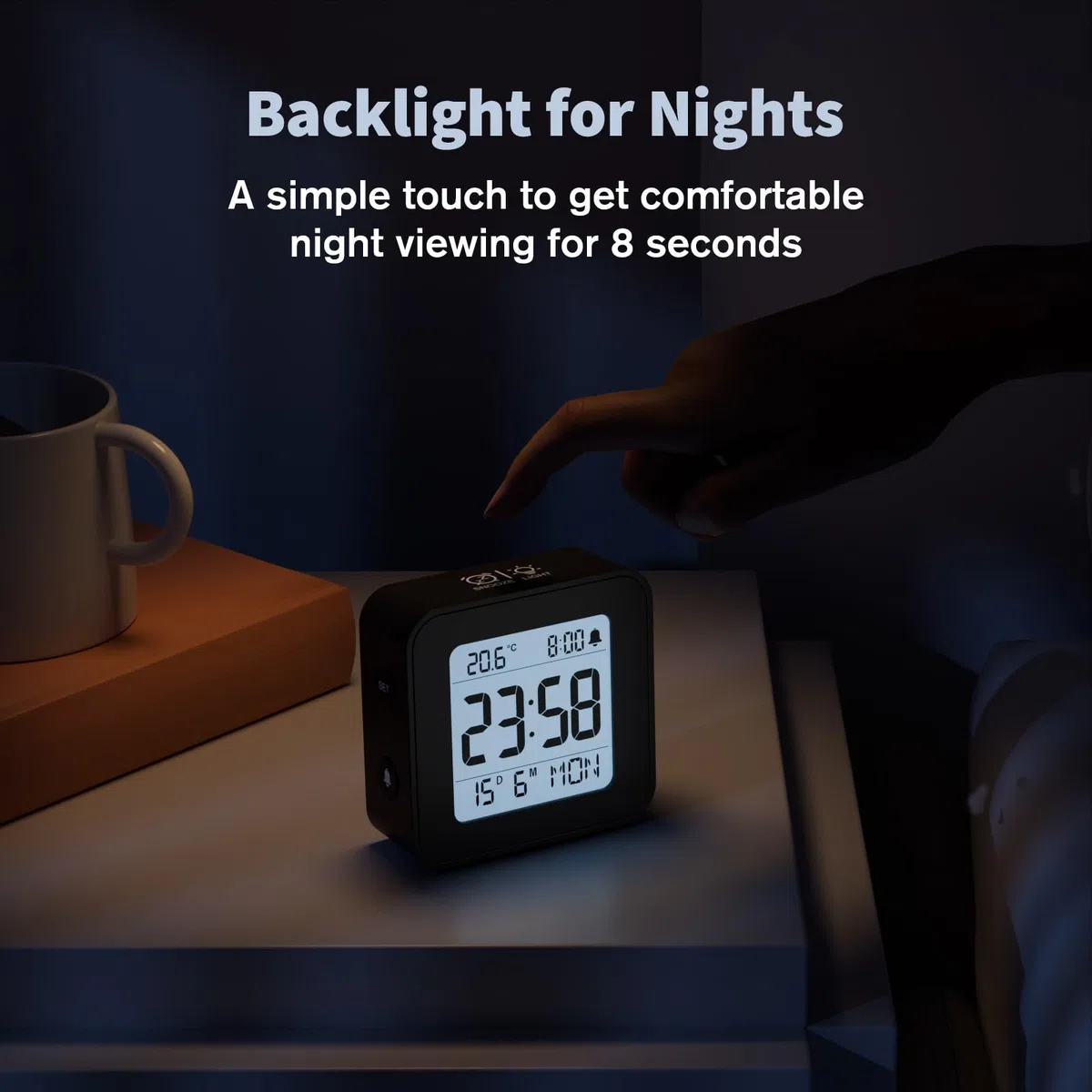LATEC Sveglia da Comodino, Sveglia Digitale da Viaggio con Temperatura, Alimentato a Batteria, Retroilluminazione, Funzione Snooze, Calendario, 12/24H, Nero(Batterie Incluse)