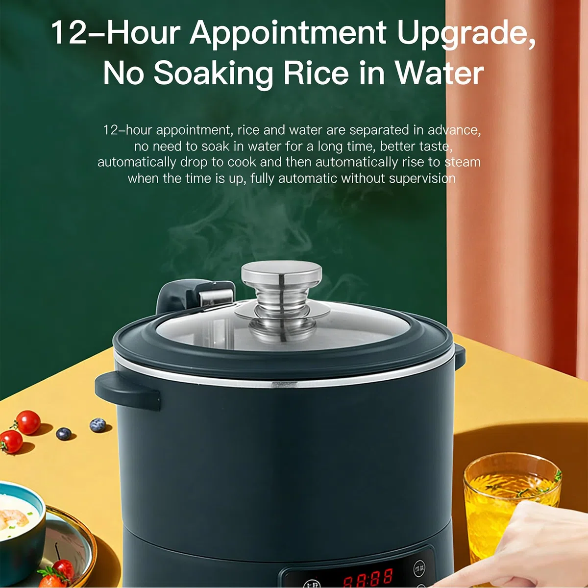 Cucina del Riso a Basso carboidrato (elevazione Auto), 3L 1500W Riscaldamento induzione, separazione Riso-Acqua (54% Meno amido), Timer 12H, Multifunzionale, Acciaio Inox 304