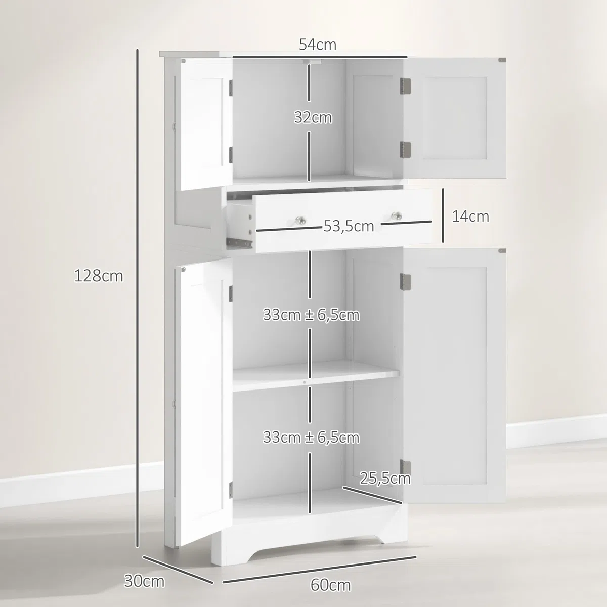 HOMCOM Armadio da cucina a buffet in stile moderno con armadietti, ripiani regolabili, cassetto, per sala da pranzo, soggiorno, 60 x 30 x 128 cm, bianco