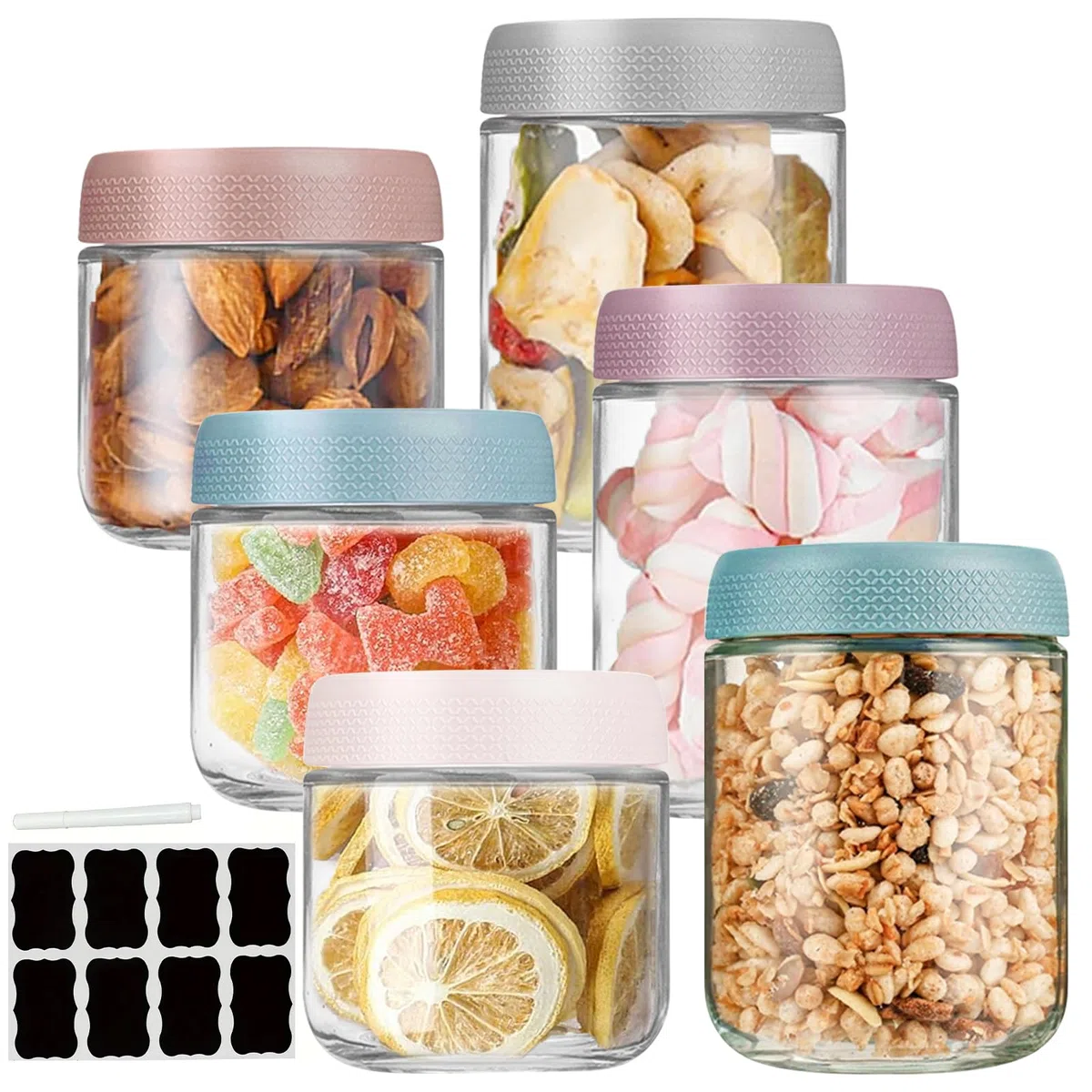 6 Pezzi Barattoli Vetro con Coperchio, 350/500 ml Riutilizzabili Overnight Oats Jar con Coperchi Vite, Barattolo Cucina per Avena Miele Frutta Spezie Marmellata Insalata Yogurt, Mason Jar