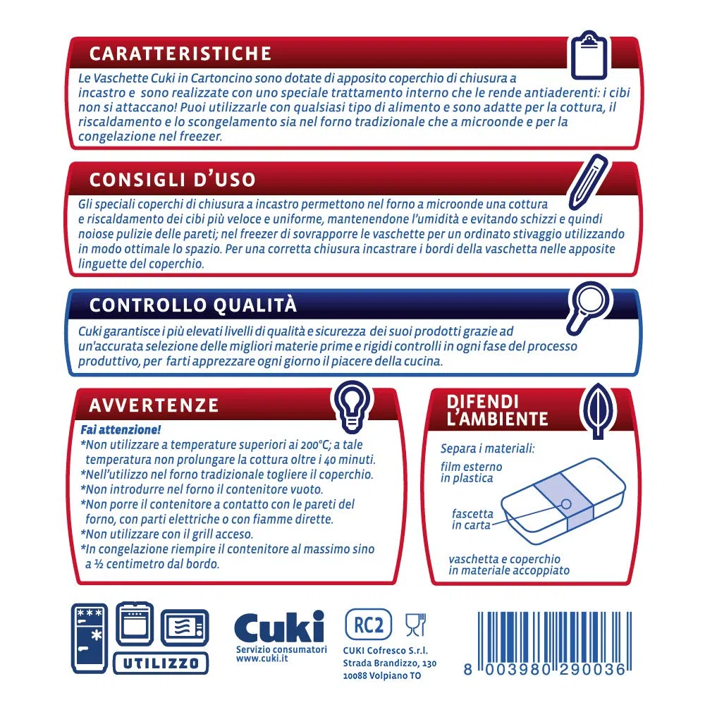 Cuki Vaschette in cartoncino con coperchi dal freezer al microonde - 4 porz - rettangolari [RC2] - 12 vaschette (Multipack)
