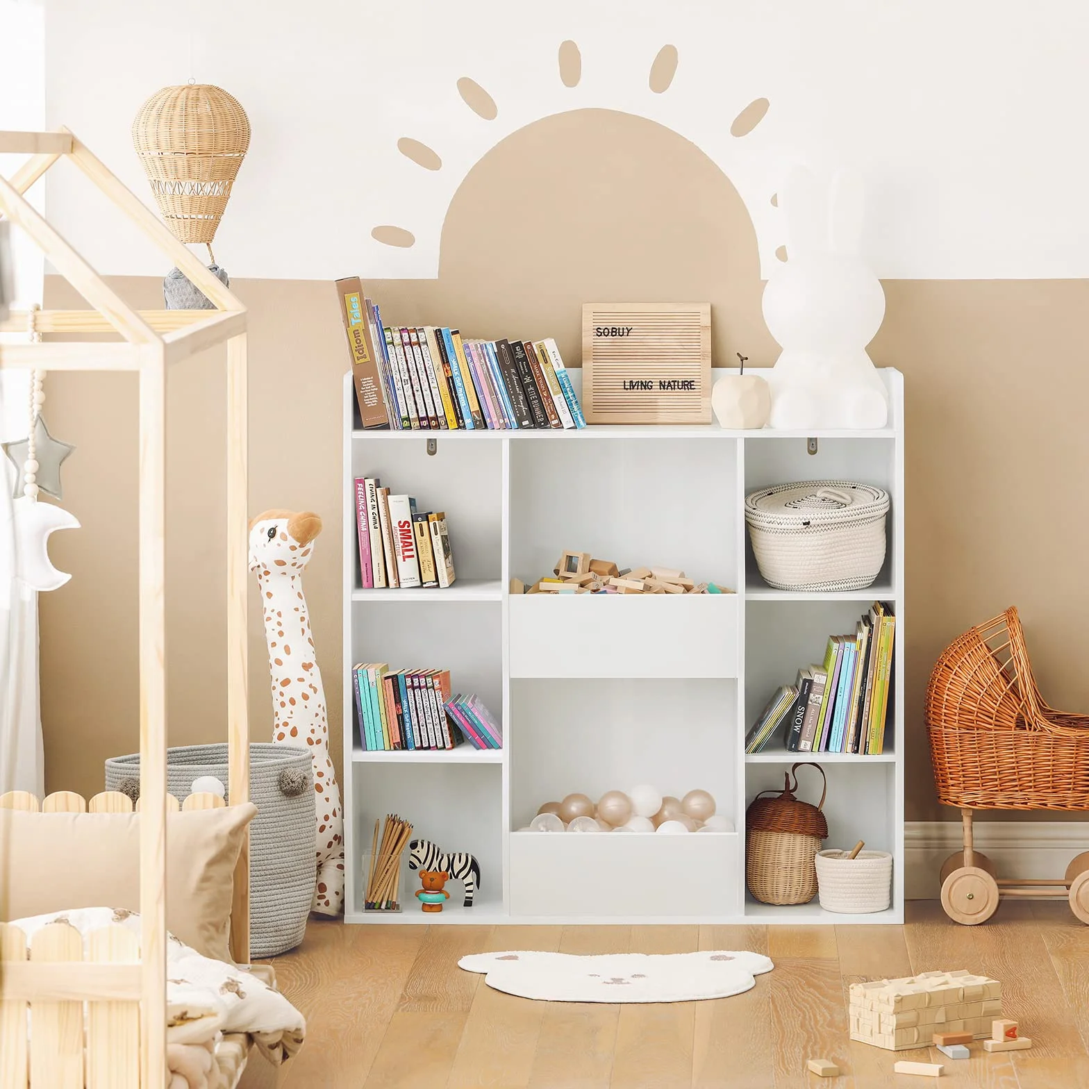 SoBuy Libreria Montessoriana per Bambini - Scaffale Portagiochi con 8 Scomparti Aperti - Libreria da Terra per Cameretta 106x30x104 cm Bianco KMB55-W