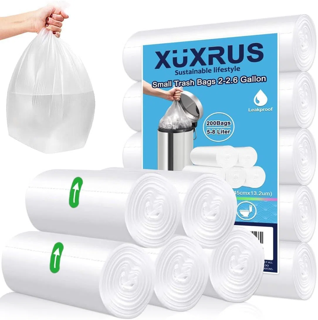 XUXRUS Sacchi piccoli Spazzaturaper 5 litri Sacchetti immondizia Riciclati per carichi pesanti,adatto per bagno,cucina, camera da letto (Bianche,200 pezzi)