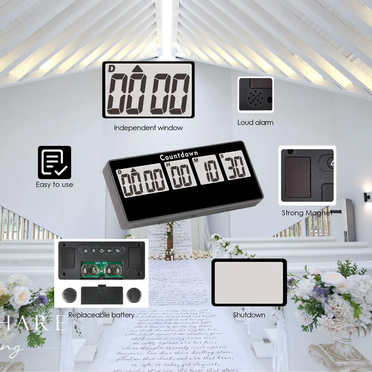 Pensionamento Timer 9.999 Giorni Orologio Digitale per il Conto Alla Rovescia Forti Allarmi,Cronometro ad Adsorbimento con Magnete Timer a Batteria Sostituibile (nero)