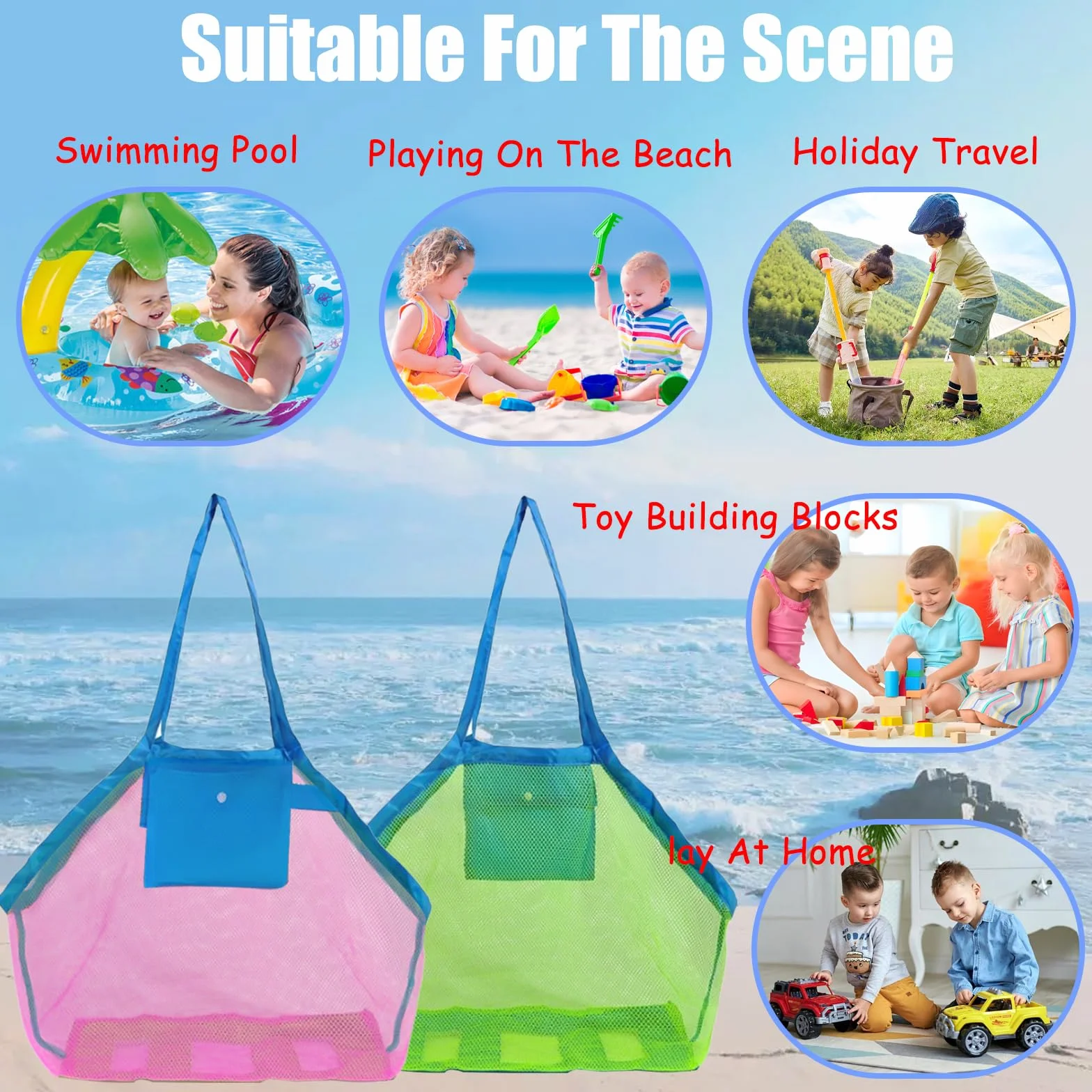 JSTHHTT 2 borse da spiaggia extra large in rete con tasca, anti-sabbia, traspiranti, per adulti, donne, bambini, unisex, verde, rosa, multicolore, 45 cm x 30 cm x 45