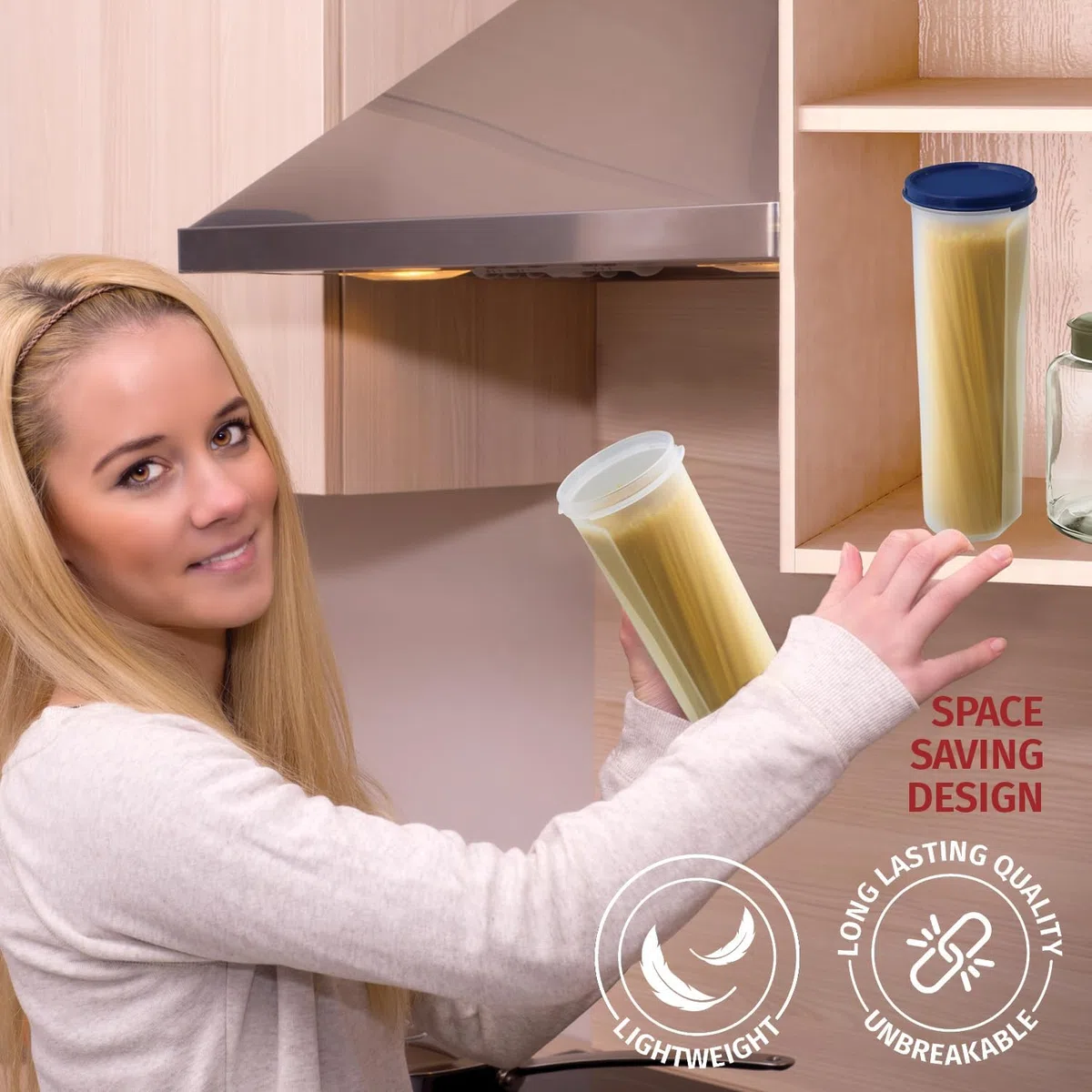 SIGNORA WARE Contenitori per Spaghetti | 2 Barattoli Pasta Ermetici con Coperchio per Organizzazione Dispensa | Contenitori Ermetici Pasta Lunga e Noodles | Porta Spaghetti Plastica senza BPA | 1 kg