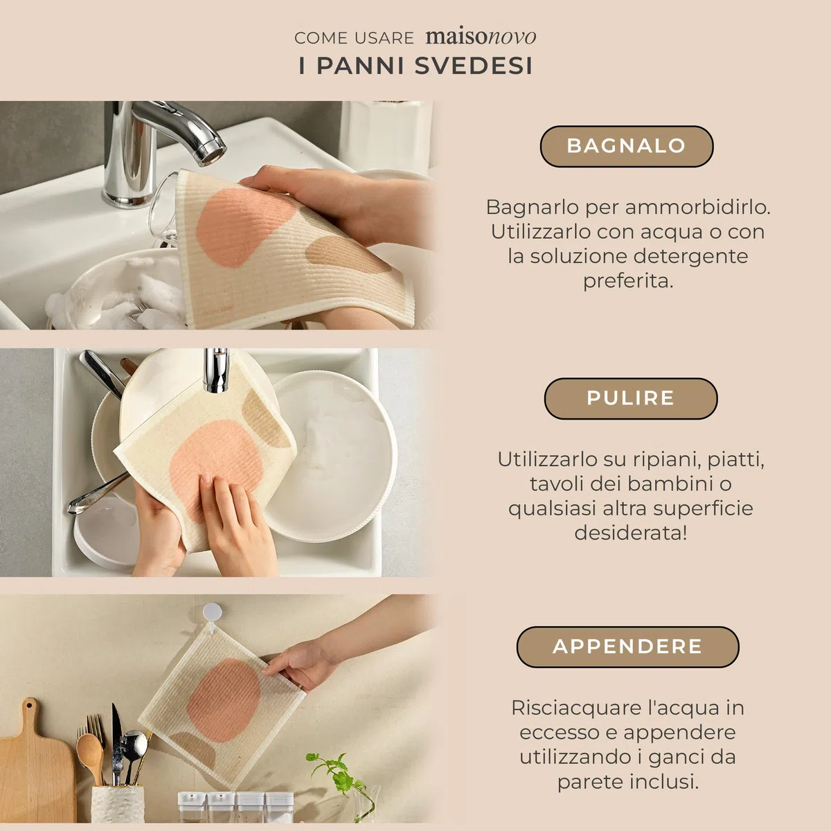 MaisoNovo Strofinacci Svedesi - Strofinacci Svedesi Per La Cucina - Asciugamani Di Carta Riutilizzabili Panni Lavabili Per La Pulizia Della Cucina - Confezione Moderna Da 4 Pezzi