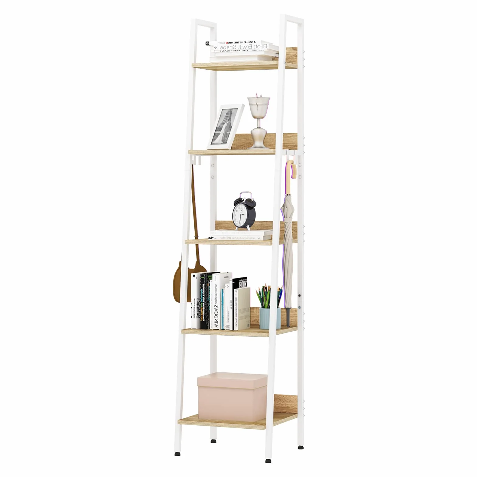 WOLTU Libreria a 5 Ripiani, Scaffale con 4 Ganci Industriale, Scaffale a Scala in MDF e Metallo per Soggiorno, Cucina, Studio, Ufficio,Bianco, 40x36x170cm RGB9289whe