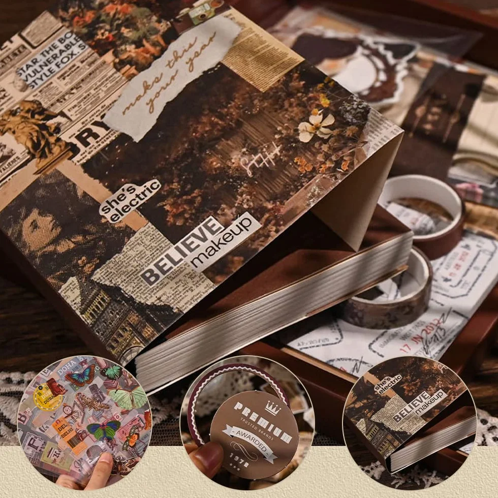136 Pezzi Set di Accessori per Scrapbook Estetico, Bullet Journal Materiale Vintage, Kit Completo Journaling con Taccuino A6, Adesivi Scrapbooking per Album Diario