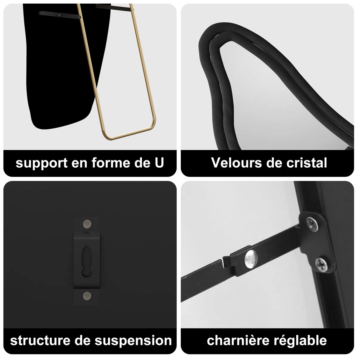 Specchio su irregolare,160x50cm,specchio a piena lunghezza,grande specchio da parete con cornice in velluto nero e supporto,da appendere,in piedi,inclinabile per camera da letto, soggiorno, ingresso