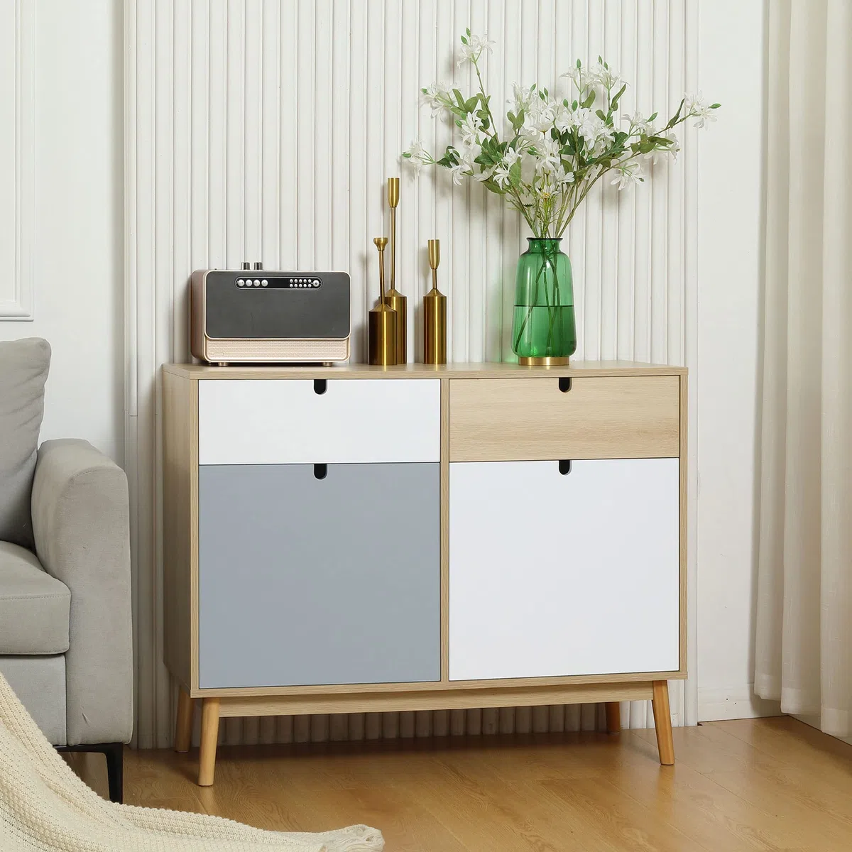 HOMCOM Mobiletto Multiuso Stile Nordico, Armadietto Due Ante con Cassetti per Cucina e Ingresso, 100x40x79.5cm, Multicolore