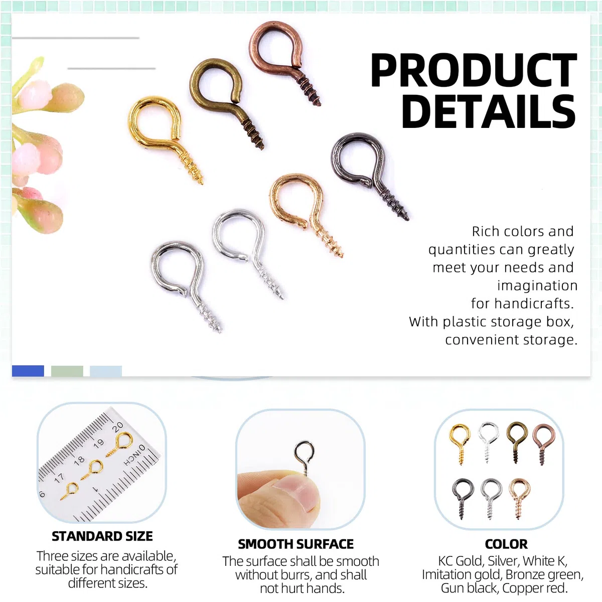 Glarks 1610Pcs 7 colori Vite Eye Pins Ganci Filettati Eye Pin Peg Mini Metallo Anello Chiodi Ganci Vite per Gioielli, Orecchini, Collane, Bracciali FAI DA TE 3 Dimensioni da 4x8 mm, 5x10 mm, 6x13 mm