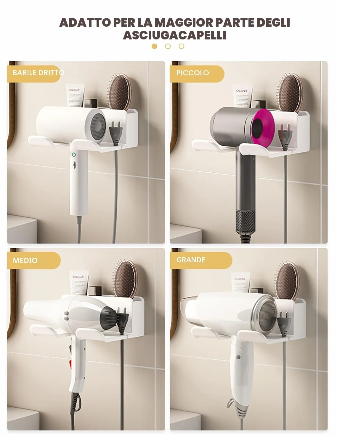 Porta Phone Bagno da Muro Adesivo, Porta Asciugacapelli, Supporto per Asciugacapelli per Bagno 2 Scomparti e Portacavi (16*6.5*12.6CM)