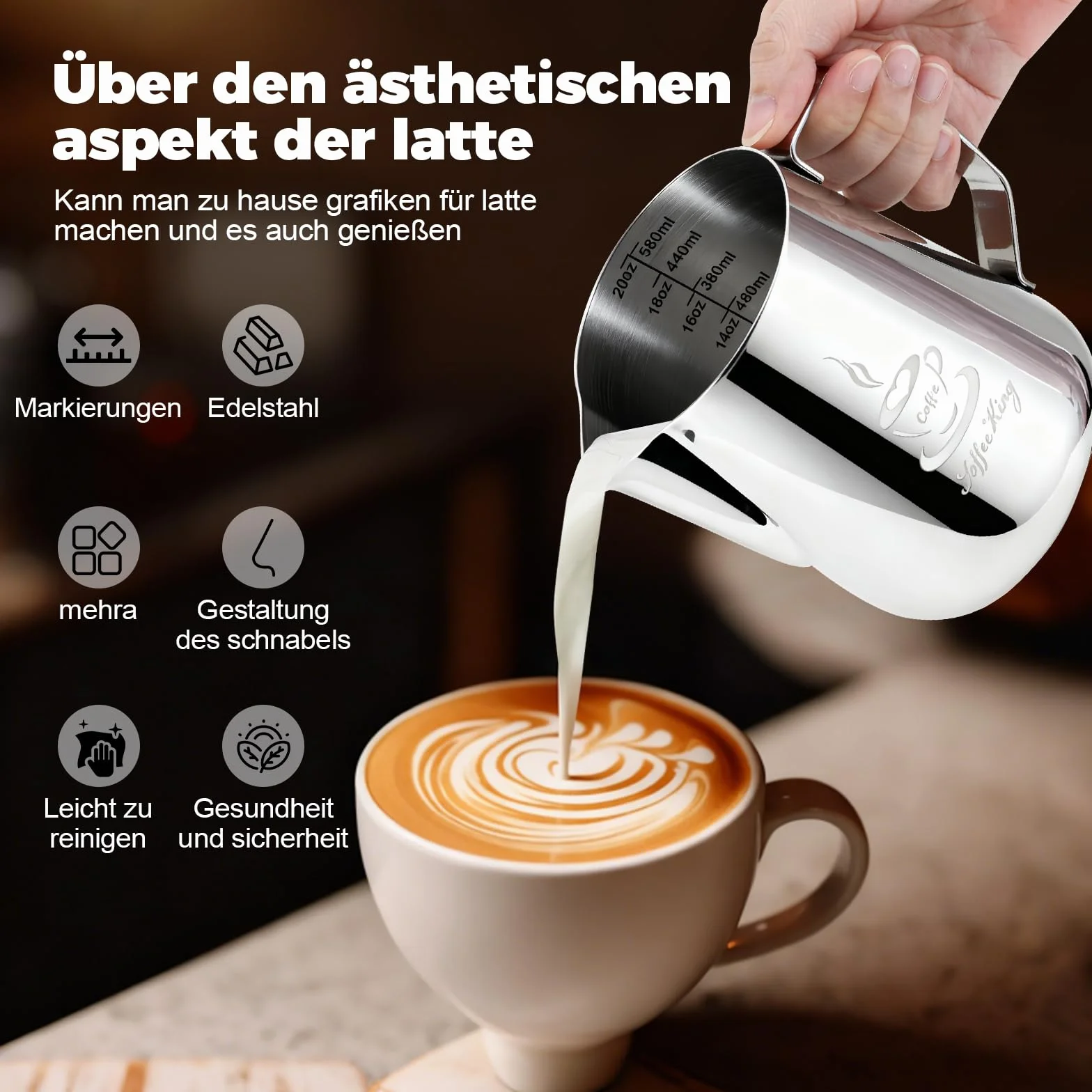 KimKing Lattiera per cappuccino in Acciaio Inox Lattiera Latte Art Silve 60 cl