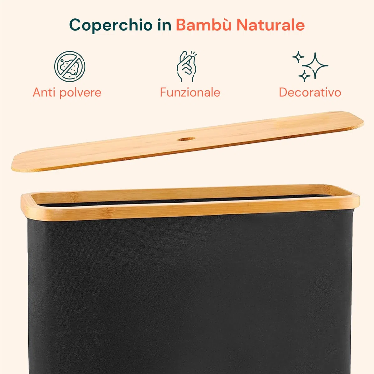 Avilia - Porta Carta Igienica in Tessuto Nero con Coperchio in Bambù Naturale, Design Elegante e Compatto per Accessori Bagno, Facile da Spostare e da Pulire, Capienza fino a 12 Rotoli