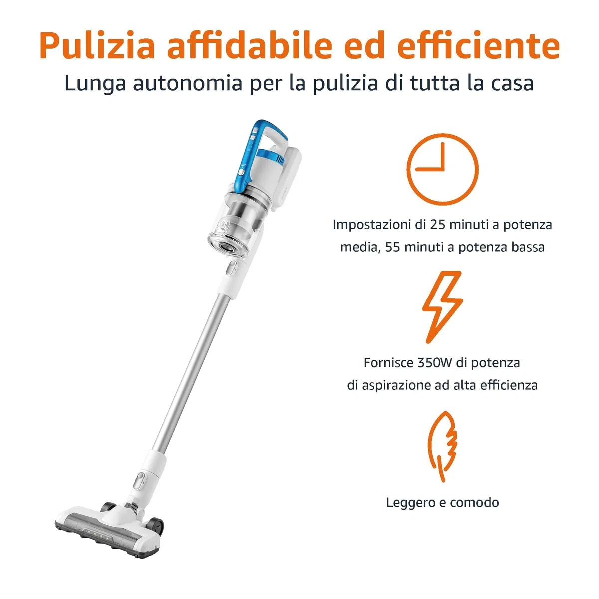 Amazon Basics Aspirapolvere senza fili 2 in 1 con motore BLDC da 350W, filtro HEPA e batteria ricaricabile, 0.7L, Bianco E Blu